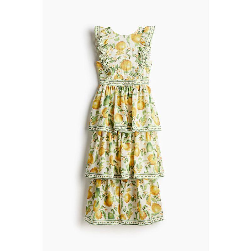 

Женская одежда HM Платье без воротника Осень Новое поступление Волан Рукав с оборками Большой клеш Французский Растительный принт Длинная юбка 1272806 White/lemon 155/80(XS)