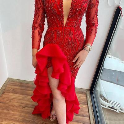 Frühling und Sommer Neues Damenkleid Toast Kleidung Tiefes V Pailletten Schlitz Harpunen Hochzeitsbankettkleid