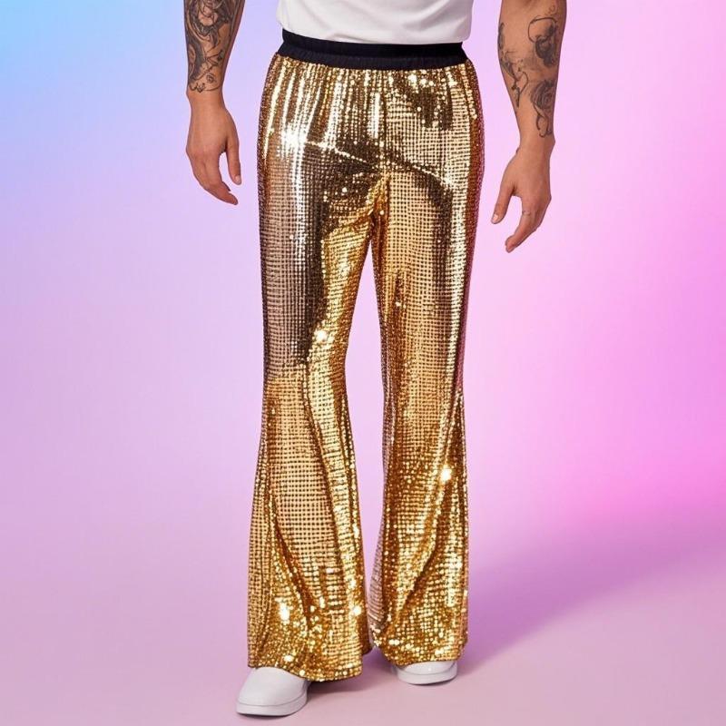 Heren Metallic Zilveren Flare Broeken Glanzende Grid Print Elastische Taille Bell Bottom Broeken
