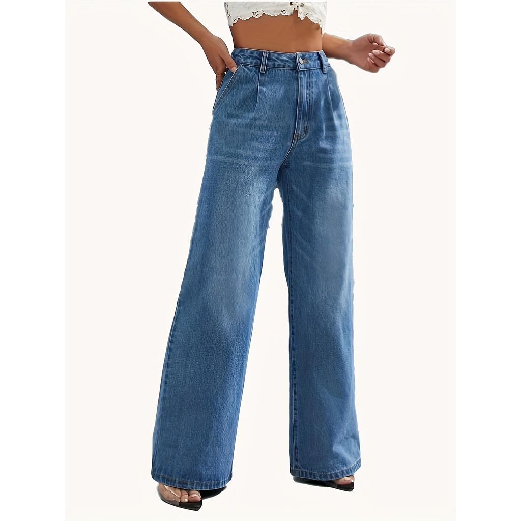 Jeansi de damă stil european și american transfrontalier, culoare uni, pantaloni drepți cu picior lat, casual, potriviți cu orice