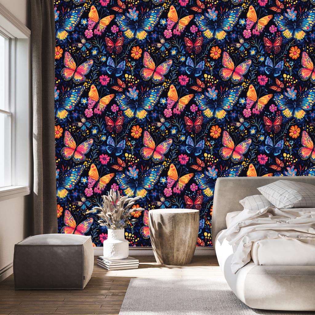 Wallpaper Colorful Butterflies Navy Blue for Living Room and Bedroom 50x1000