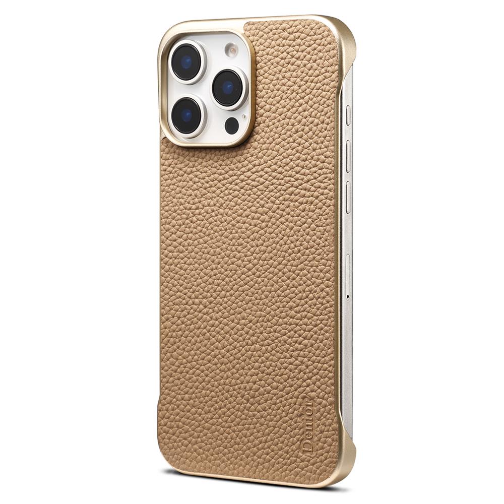 

For iPhone 16 Pro Magnetic Case Litchi Texture Genuine Cow Leather+PC Boardless Phone Cover Khaki
