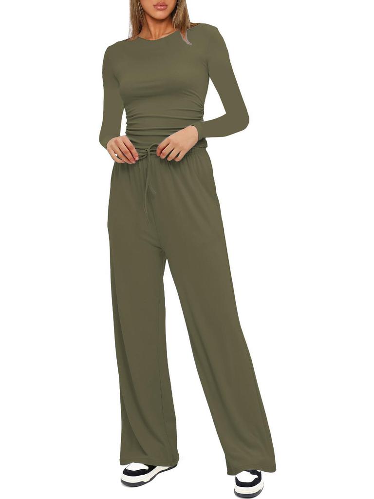 Kardashian Style Comfy Wide-Leg Tie-Up Set with Long Sleeves
