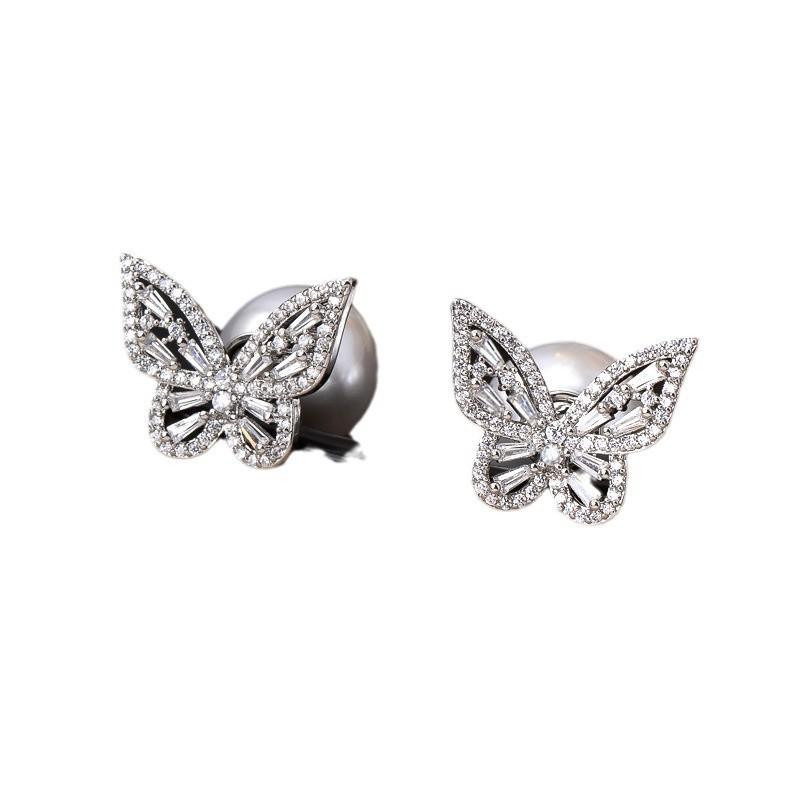 Elegant French Chic Zircon Pearl Earrings Women Dual-Wear Front Back Design Sterling Post Geometric Shape