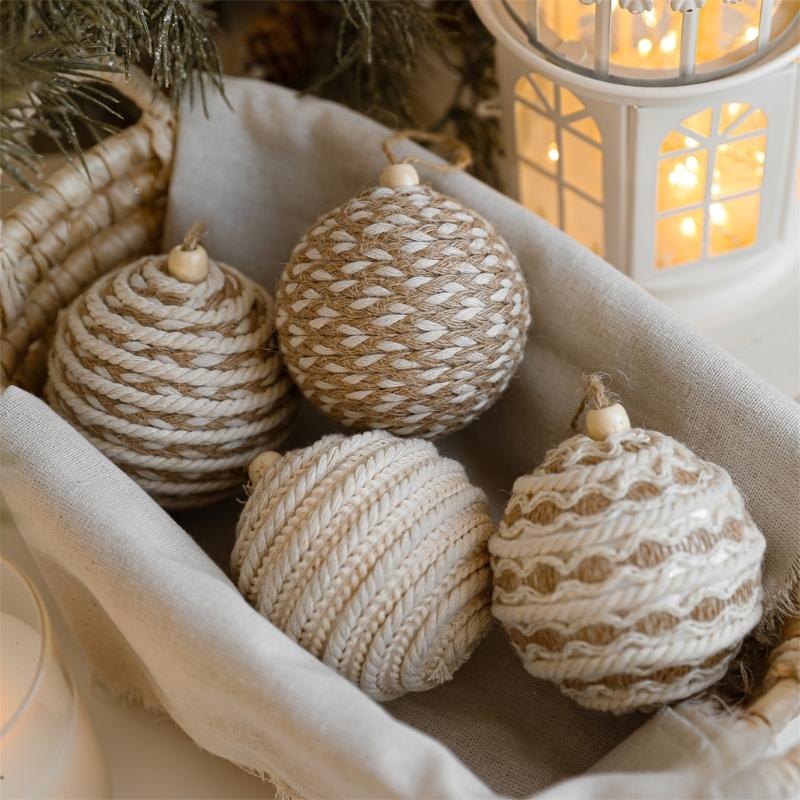 Christmas Tree Decoration Natural Fiber Twine Braided Foam Ball Holiday Hanging Ornament For Mantels Window Wall Display