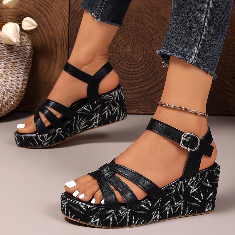 Fashion Vintage Printed Thick Bottom Sandals Women Summer 2025 Ankle Buckle Wedges Sandles Woman Black High Heels Sandalias Plus Size 43