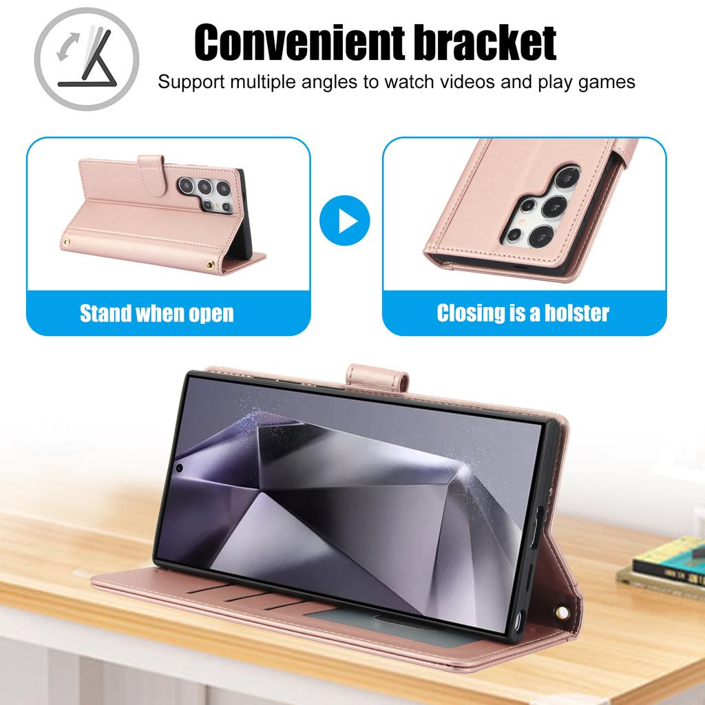 For Samsung Galaxy S26 Ultra Case PU Leather Stand View Phone Wallet Cover with Hand Strap