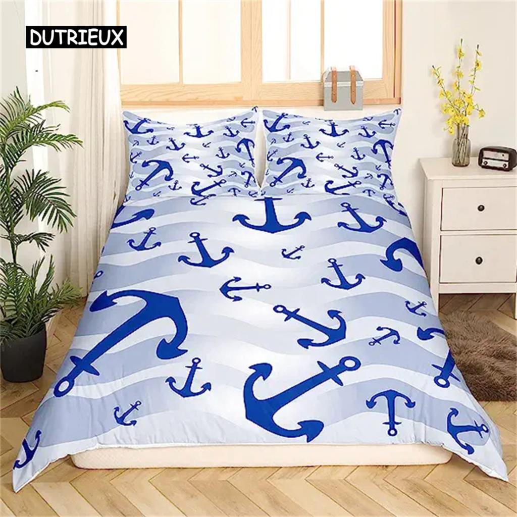 Anchor Duvet Cover Nautical Bedding Set Ship Anchor Chain With Lines Comforter Cover For Children Teen Bedroom Decoration Gifts