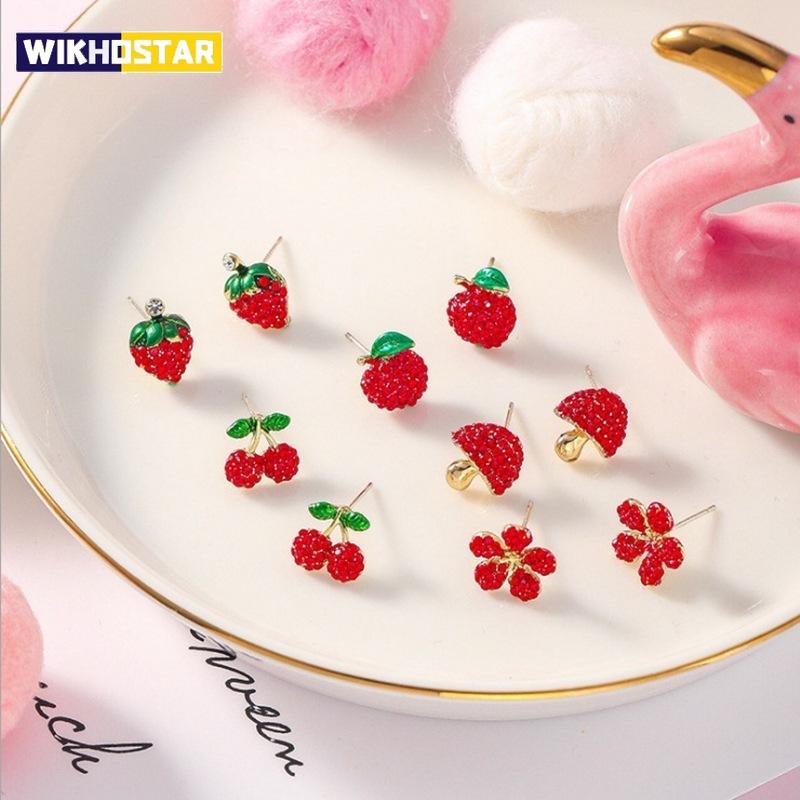 New S925 Silver Needle Cherry Mushroom Strawberry Apple Flower Red Stud Earrings Fashion Personality Earrings