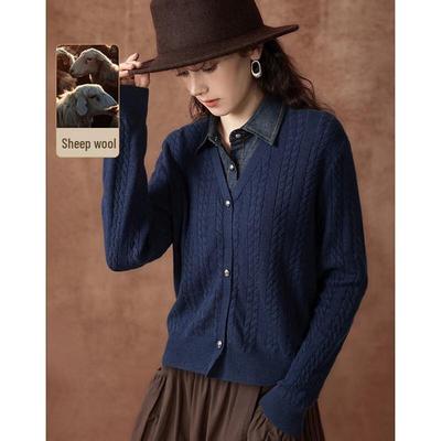 Women's French Retro Wool Blend Denim Faux Two-Piece Sweater