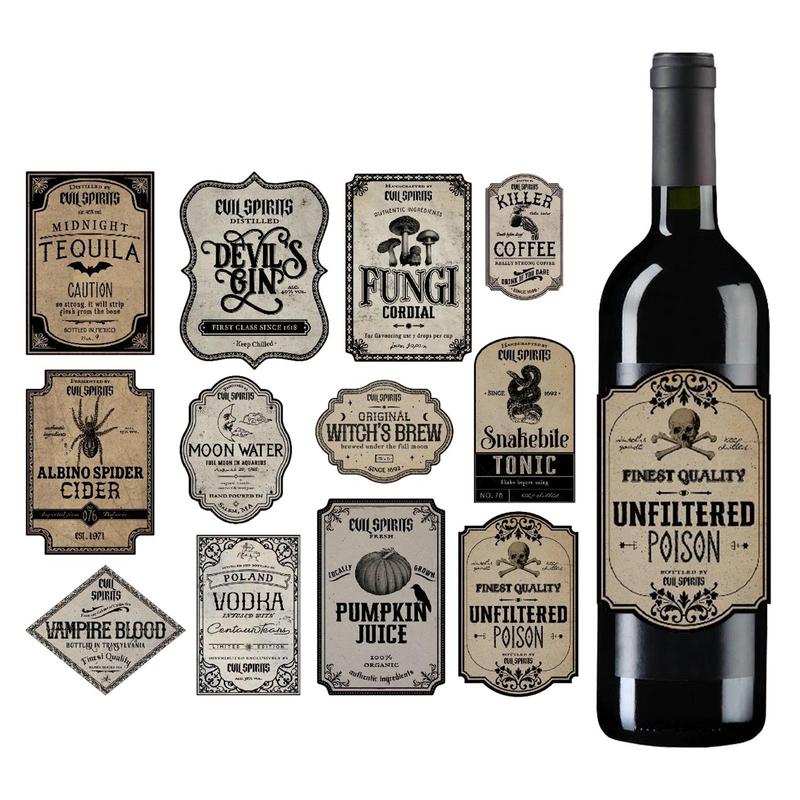 12 pezzi/set Etichette Adesive per Bottiglie di Vino di Halloween Adesivi per Bevande Teschio Pipistrello Pozioni Horror Bottiglie Adesivi Decorazioni di Halloween