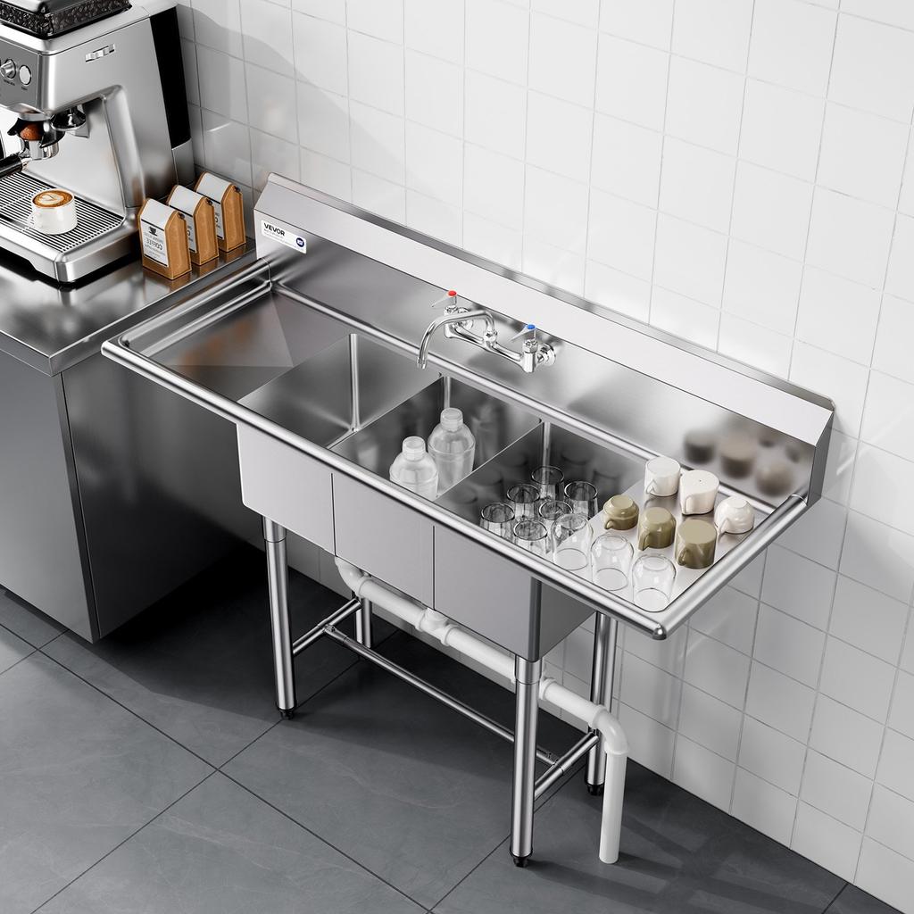 3 Compartment Sink, 18-Gauge 304 Stainless Steel, 254x356x254 mm Bowl Size, 3 Bay Commercial Kitchen Prep & Utility Sink with 2 Drainboards and