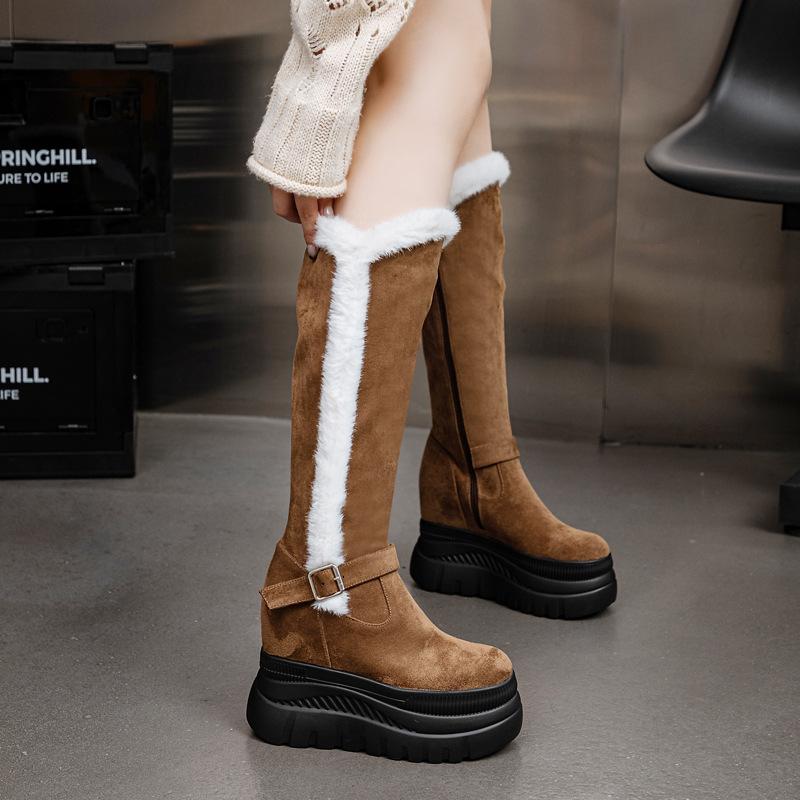 Fashion New Winter Women Snow Boots Platform Wedge High Heel Faux Fur Lady Shoes Female Plush Warm Non-slip Mid Calf Boots Goth Shoes