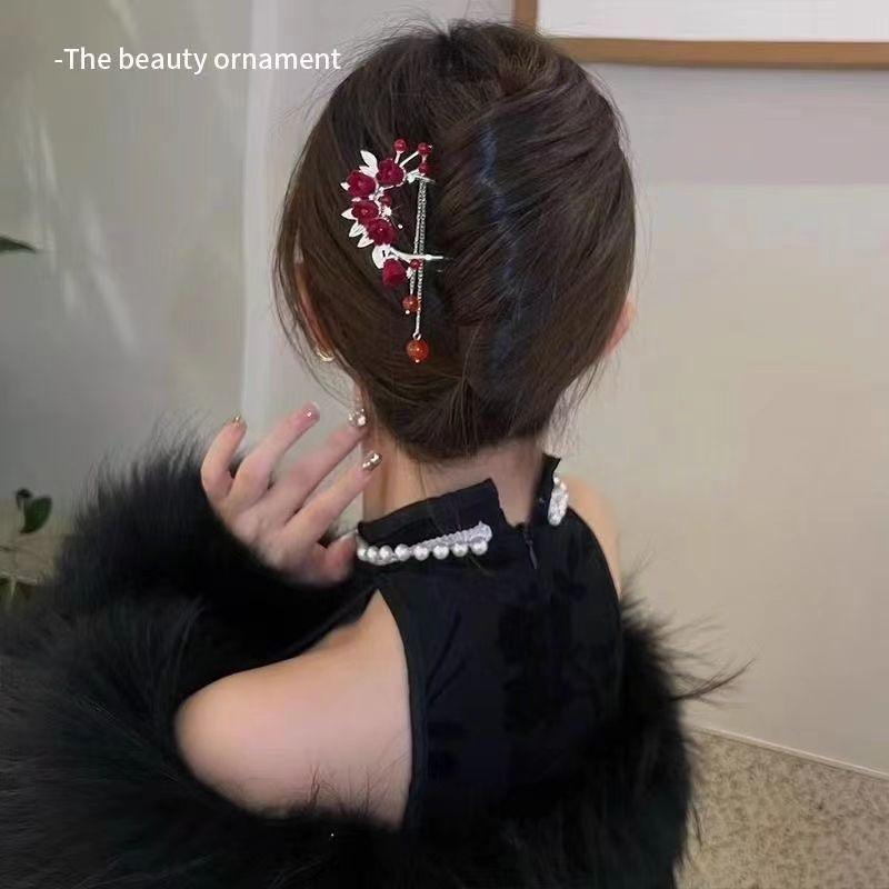 New Chinese Style Rose U Shape Hairpin Women Hanfu Cheongsam Tassel Ancient Style Hair Accessories