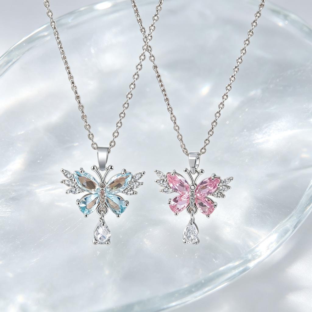 Animal Female White Pink Blue Zircon Stone Butterfly Water Drop Pendant Necklace Vintage Silver Color Wedding Jewelry For Women