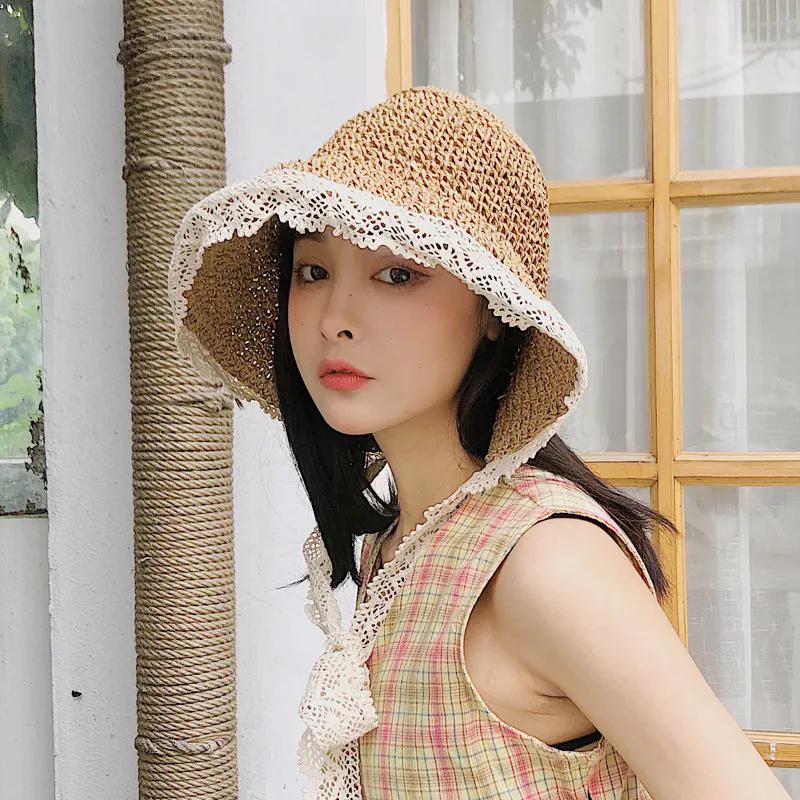WTEMPO Retro Elegant Women's Lace Binding Strap Hollow-out Sun Hats Summer Beach Sunscreen Hats Wide Brim Foldable Soft Large Hats