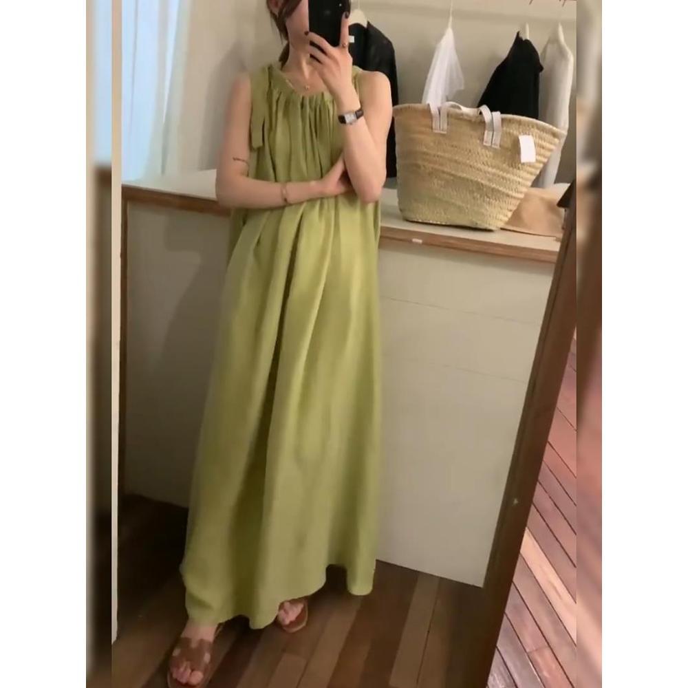 Loose and Thin Resort Style Casual Sleeveless Dress Mustard Green Vest Skirt Fashion Girl
