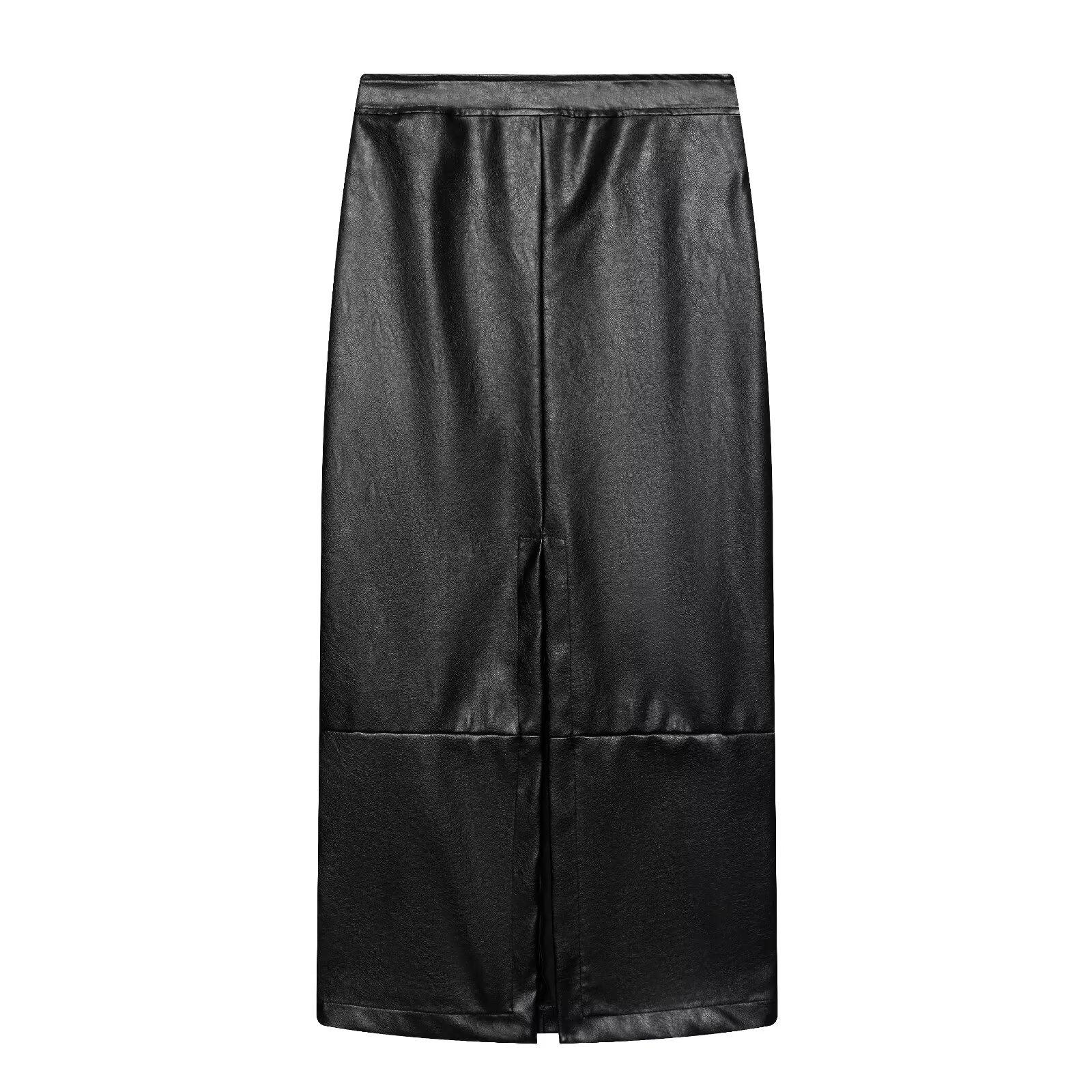 

ZA Handmade Round Neck Faux Leather Slim Waist Midi Skirt and Sleeveless Vest Set Small