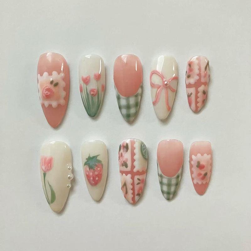 

24PCS Cute Pink 3D Flower Star French False Nails Brown Stripes Retro Almond Press on Nails Sweet Nail Acrylic Wearable Manicure