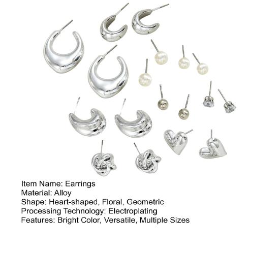 9 Paires Boucles d'Oreilles Créoles Argent Brillant Miroir Cœurs Poli Zirconium Cubique Perles Synthétiques Design Géométrique Boucles d'Oreilles Soirée Rendez-vous