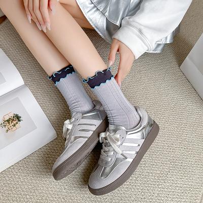 Color Blocked Lace, Mesh Socks, Women's, Midsole, New Style, Ins Style, Breathable, Japanese, Double Ribbed, Contrasting Long Socks Made of Cotton