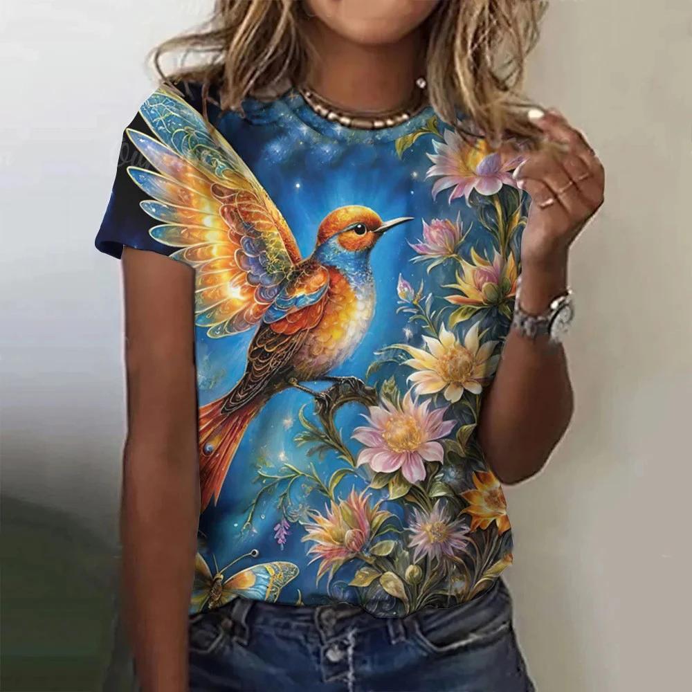 Color Animal Bird 3D Print Women Casual O-Neck Short Sleeve Harajuku Streetwear Y2k Tops