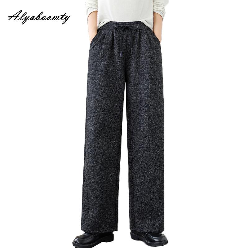 Plus Size Autumn Winter Women Thick Warm Pants High Waist White Grey Casual Loose Straight Trousers Drawstring Basic Ladies' Thicken Pants
