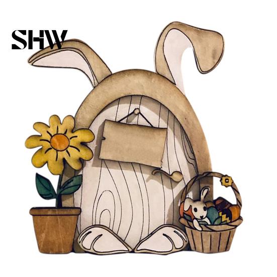 Rustic Pine Wood Craft Wooden Fairy Door Decor, 2D Gnome Elf Ornament, Bunny Mushroom Hand Easter Gift for Kids Painted Craft, House Decoration