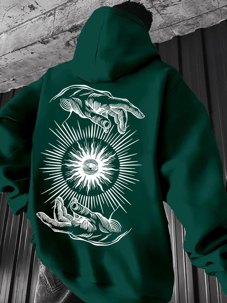 Arcane‑sight Men Hoodie Front Clean Plain, Back Ritual Hand‑eye Decor Pattern Pullover For Cozy American Weekend Outdoor Activities