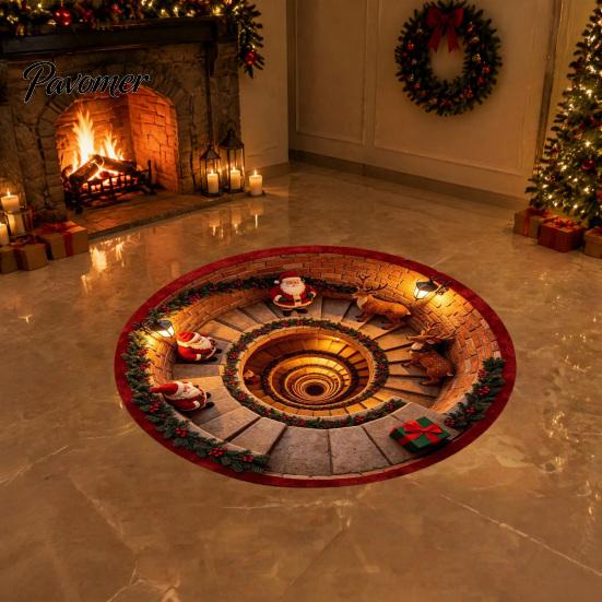 Unique Seasonal Gift Rugs Christmas Round Area Rug, 3D Visual Trap Floor Mat with Santa Elk Print, Soft Crystal Velvet Carpets Non-Slip Stain