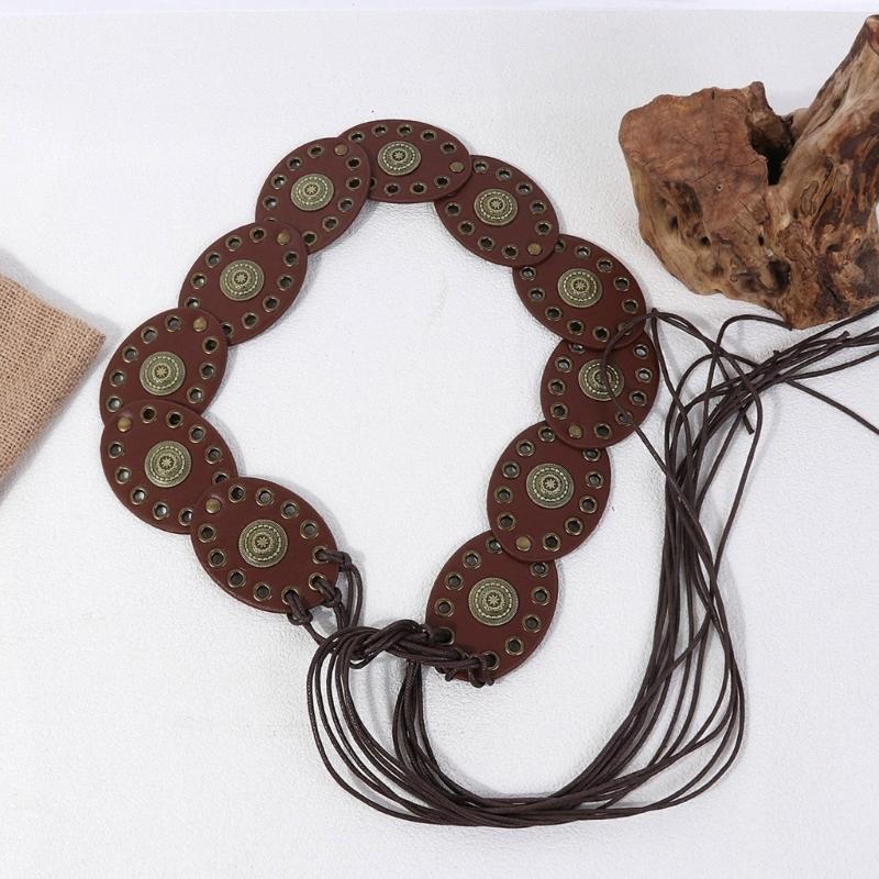 Bohemian Oval Disc Waist Belt PU Leather Selftied Belt Adjustable Waist Strap For Women Girl Daily Outfit Stage Wear