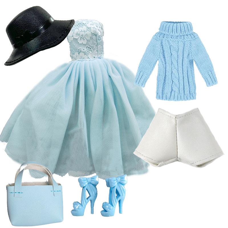1/6 Doll Clothes Fashion Mix Blue Fur Coat Style for 12 inch Fashion Doll Outfits Set Handmade 30cm Doll Clothing Accessories