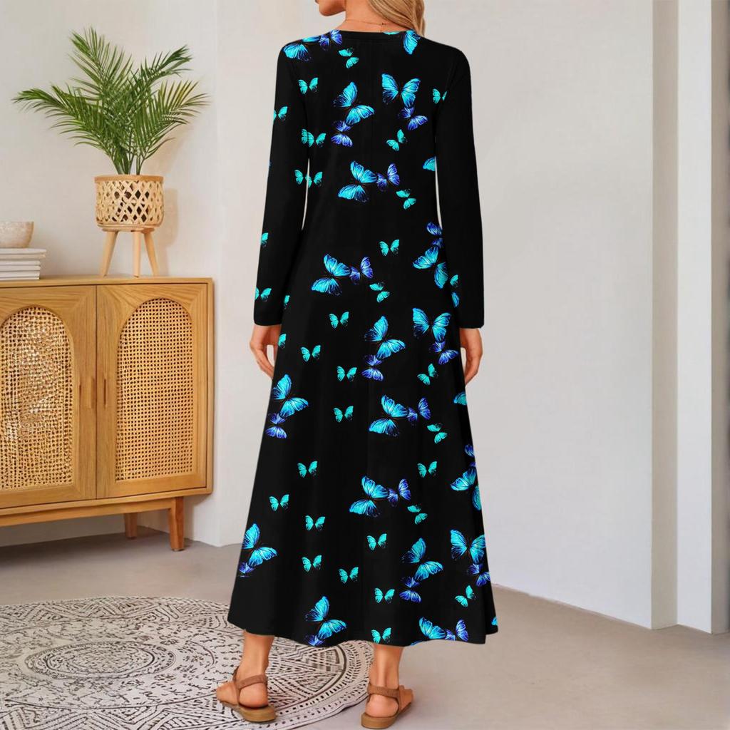 Women Retro Printed Long-sleeved Comfortable Loose Dress, Elegant Dress