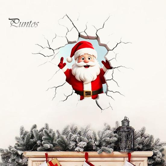 Holiday Home Beautification Supplies 3D Santa Claus Wall Sticker, Realistic Breaking Decal for Christmas Decoration, Glass Clings Waterproof