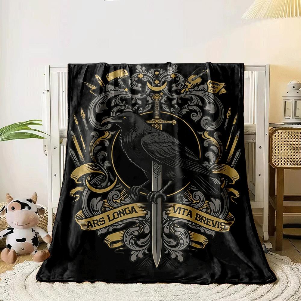 A black raven perched on a sword surrounded by ornate scrollwork and tools. for all seasons blanket lunch break throw gift 80cm x 120cm