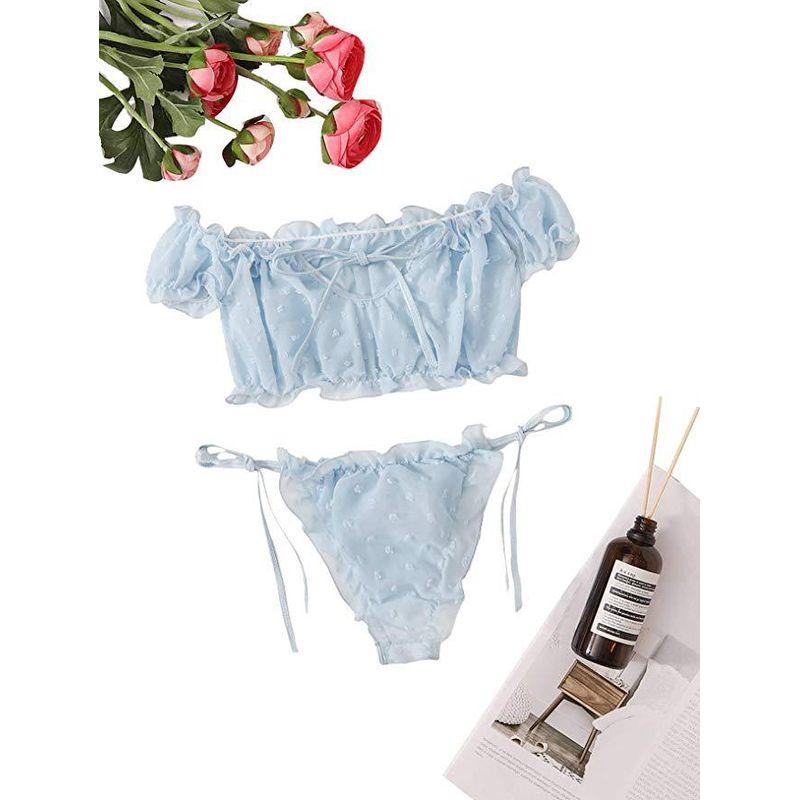 

New Sexy Mesh Underwear Set Hollow Sexy Pullover Pure Color Separates Lace Intimates Suit Light blue XXL