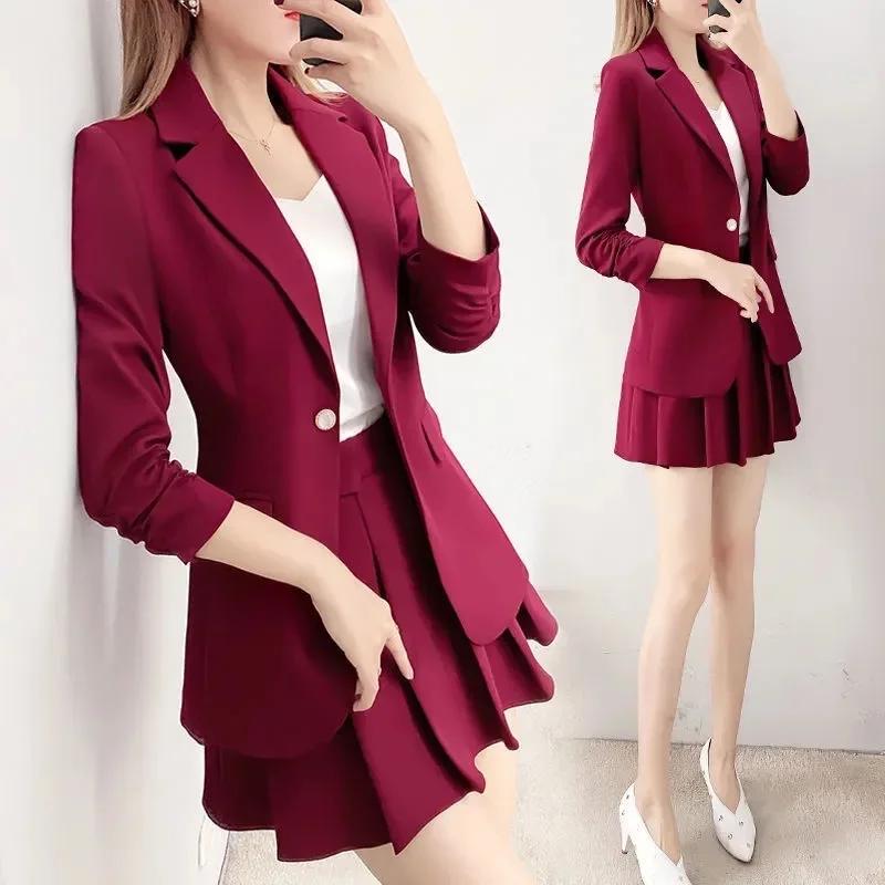 Women's Red Suit Set Skirt Fashionable Autumn Winter Two-Piece Set Small Western Style Jacket Pleated Skirt Ensemble