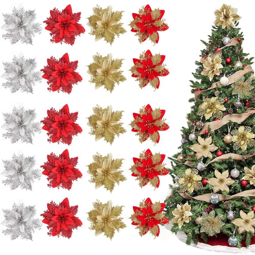 10Pcs 14cm Artificial Christmas Flowers Plastic Glitter Finish Christmas Glitter Flower Ornaments Snowflake like Sparkling
