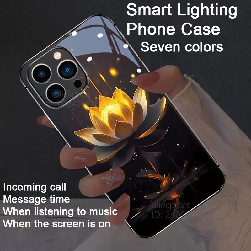 Flower Rose LED Light Luminous Phone Case For iPhone 16 15 12 13 14 X Xs Xr Mini Pro Max Plus Tempered Glass Glow Back Cover