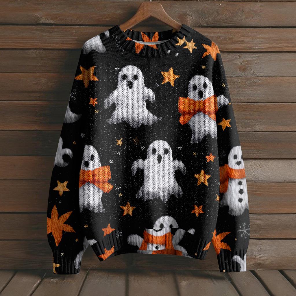 Men's Long Sleeve Pullover Sweater Casual Halloween Print Knit Oversized Sweater