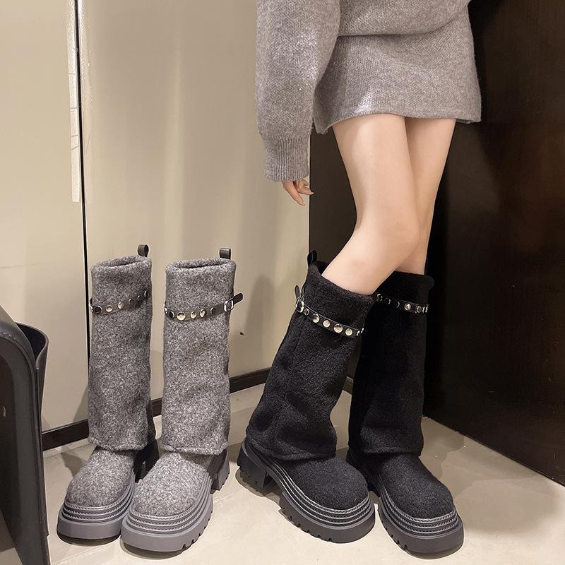 Long boots but knee knight tall round head flat bottom matte 2025 new autumn super fire pile boots