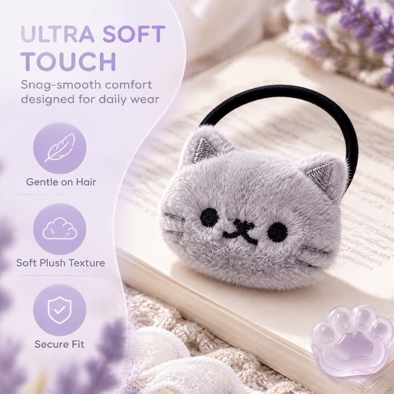 2Pcs Kawaii Cartoon Gray Cat Plush Hairband Soft Stuffed Animal Hair Scrunchie Daily Hair Accessories Hairclips For Women Gift