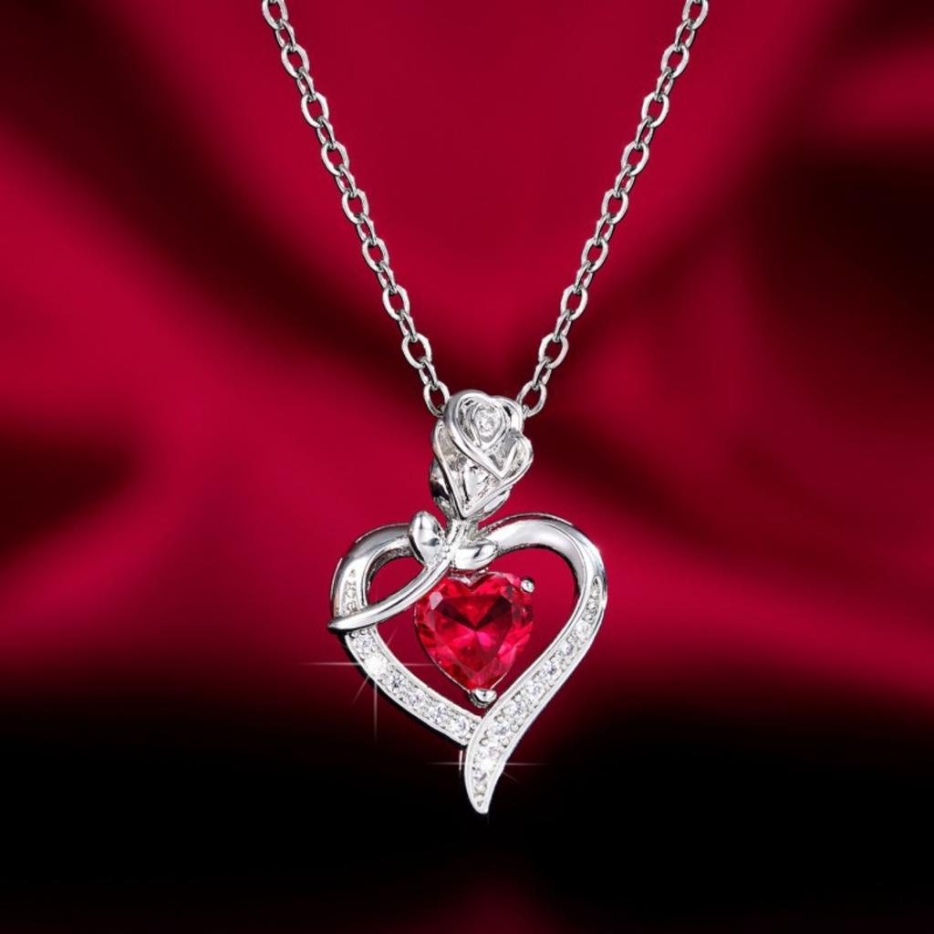 Women Red Heart Stone Pendant Necklace with Rose and Sparkling Accents Elegant Romantic Jewelry