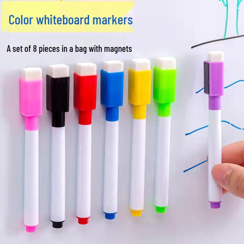Set of 8 Colorful Erasable Whiteboard Markers with Magnetic Eraser, Water-Based, Small Size Ideal for Doodling