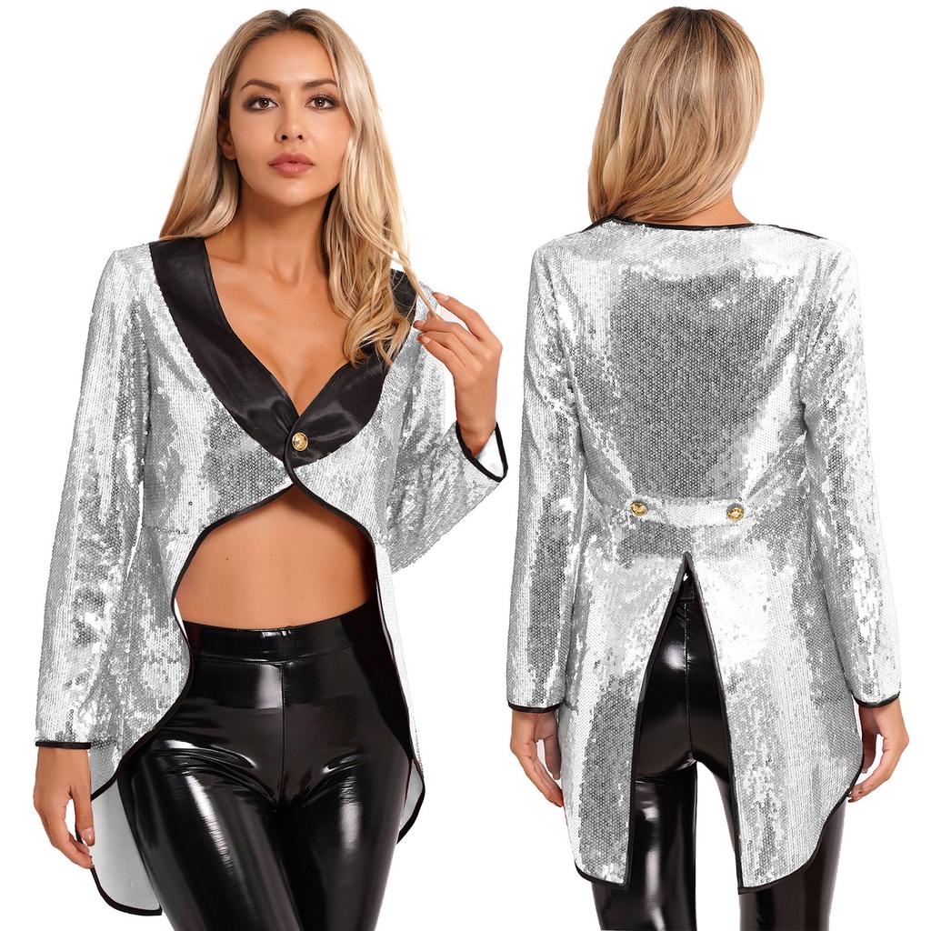 Womens Halloween Magician Dress Suit Circus Tailcoat Jacket Sparkle Sequin Blazers Tuxedo Outerwear Dress Up Costumes
