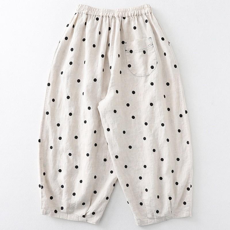 

Литературные и художественные брюки-кюлоты из хлопка и льна в горошек для женщин, новинка осени 2025 года, свободные и тонкие, на эластичной талии, повседневные брюки длиной девять точек 2XL