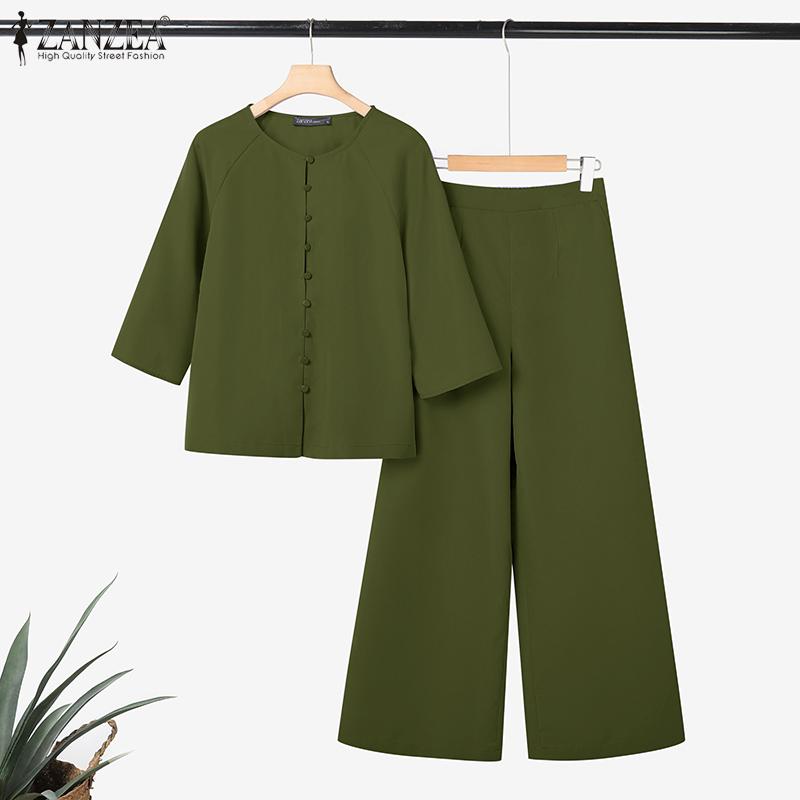 ZANZEA Women Long Sleeve Blouse and Pants Casual Two Piece Suit Sets
