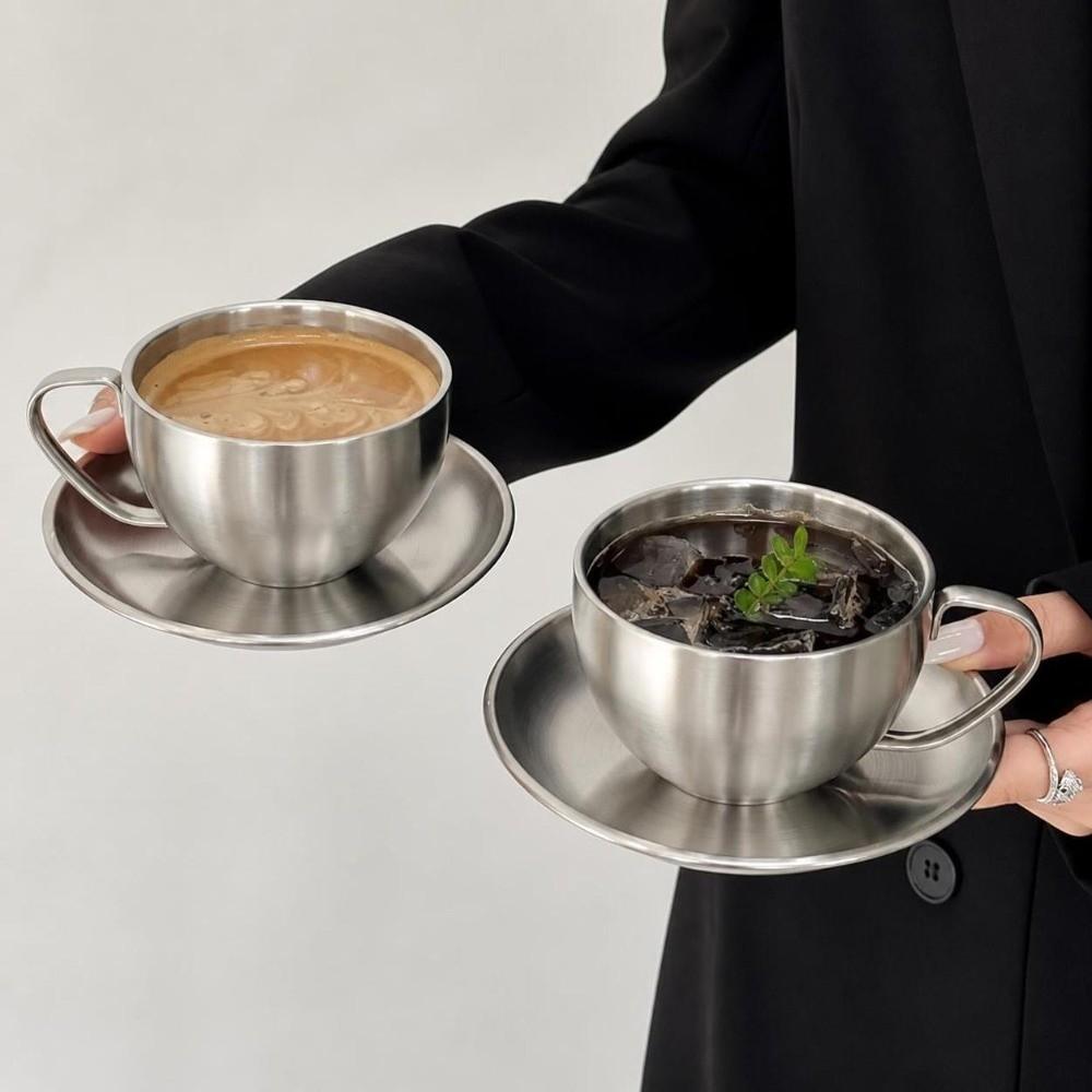 Stainless Steel Coffee Cup Set Heat Resistant Cup Saucer Set Exquisite Coffee Mug Cafe Accessories