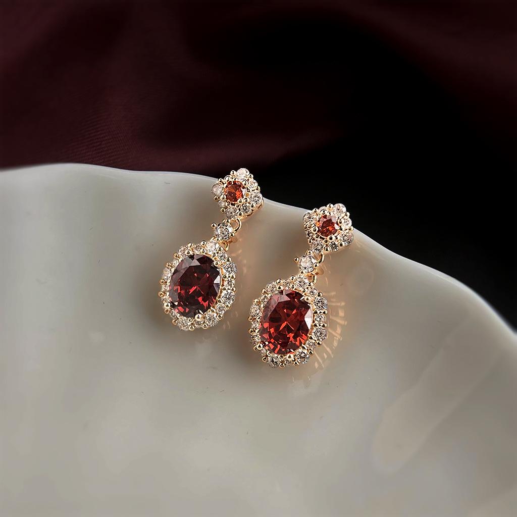 Vintage Zircon Red Court Style 925 Silver Earrings with 14K Gold Plating