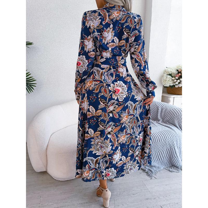 Women's Long Dress Summer Long Sleeve Vintage Floral Lapel Tied Shirt Dress Women Fashion Single Breasted Loose Casual Office Ladies Dresses